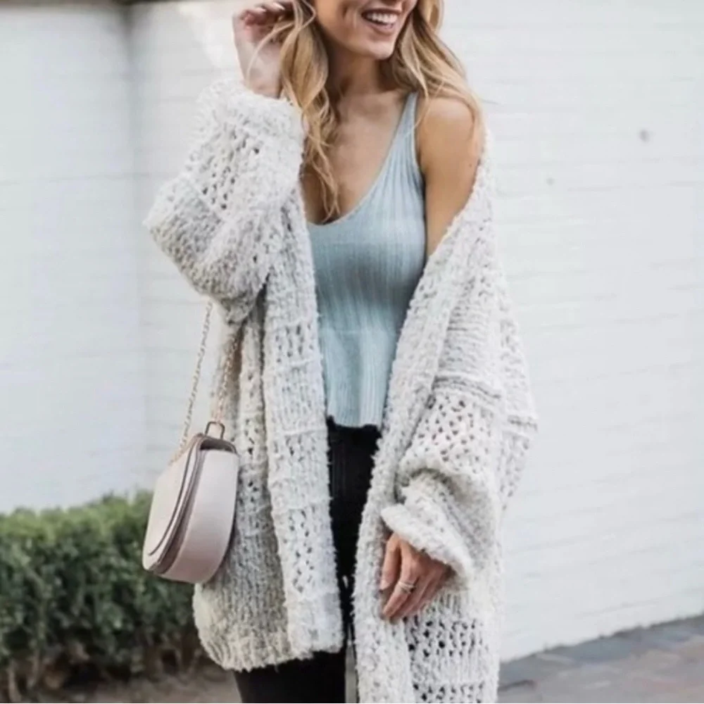 FREE PEOPLE Saturday Morning Knit Cardigan Sweater Cream Ivory Oversized XS-S - Picture 1 of 12